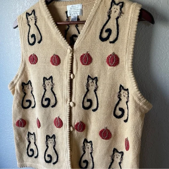 Vintage Christopher & Banks Womens Large Hand Embroidered Vest Cat Lady Pumpkin - Picture 4 of 8
